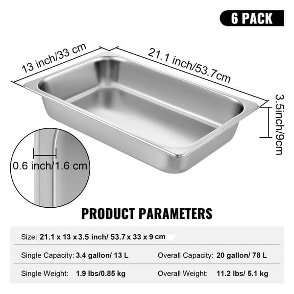 6-pack ångbordskärl 20,9 x 12,8 x 3,9 tum, 13L rostfritt stål, djupmatbehållare, ugnsbricka, hotellpannor, anti-jam.