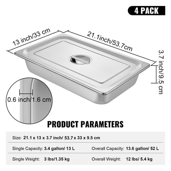 4 Pack Höyrypöytäpannu 20,9 x 12,8 x 3,9 tuumaa, 13L ruostumaton teräs, anti-höyry uunitarjotin hotellikäyttöön