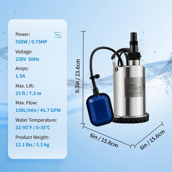 Dykpumpe 550W, 9500L/H, med 10 m ledning og automatisk svømmerafbryder. Ideel til tørring af svømmebassiner og boblebade.