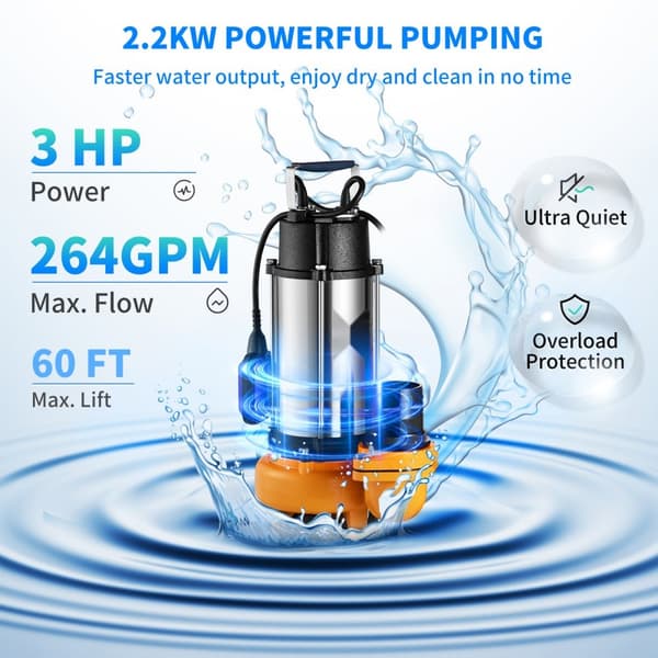 Upotettava 2200W vesipumppu, 60000L/H, 10 m johto, automaattinen kellukekytkin, kannettava ruostumaton teräs.