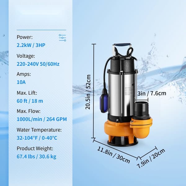 Upotettava 2200W vesipumppu, 60000L/H, 10 m johto, automaattinen kellukekytkin, kannettava ruostumaton teräs.