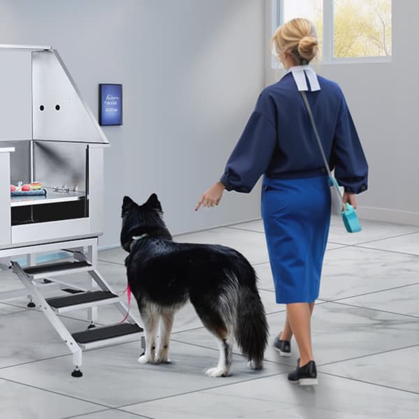 50" professionelt hundebadekar i rustfrit stål m/trappe, sæbeboks og vandhane, ideelt til små og store kæledyr derhjemme.