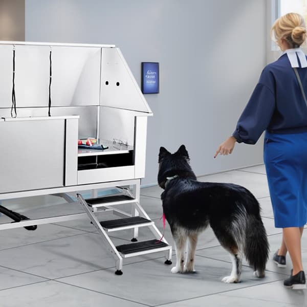 1,57M hundebadestation i rustfrit stål med trapper, sæbekasse og vandhane. Perfekt til store, mellemstore og små kæledyr.