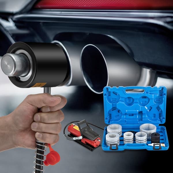 Hydraulinen pakoputken laajennin, koko 1-5/8" - 4-1/4", 10 T:n poljinpumppu ja 4 meistä, mukana 2 säilytyskoteloa.