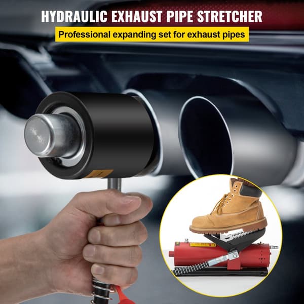 Hydraulinen pakoputken laajennin, koko 1-5/8" - 4-1/4", 10 T:n poljinpumppu ja 4 meistä, mukana 2 säilytyskoteloa.