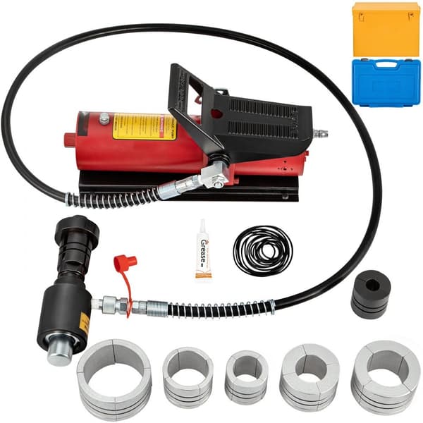 Hydraulinen pakoputken laajennin, koko 1-5/8" - 4-1/4", 10 T:n poljinpumppu ja 4 meistä, mukana 2 säilytyskoteloa.