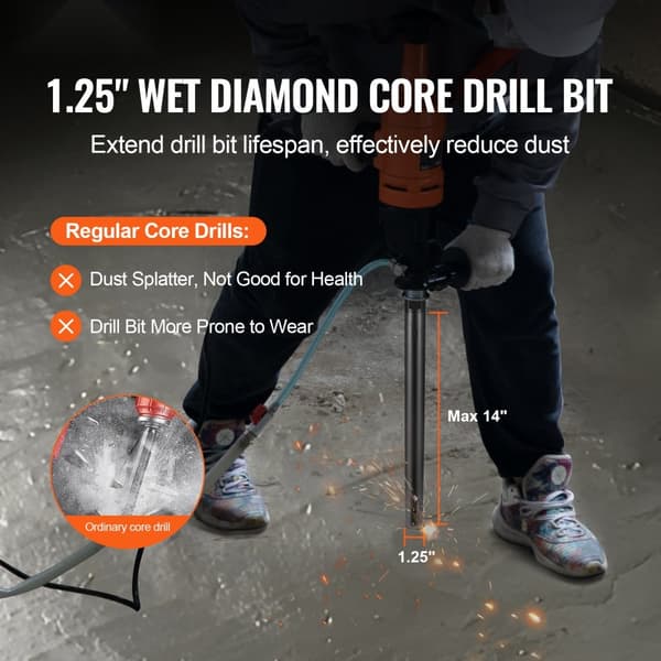 Kernebor 1-1/4" med diamant, 14" boring dybde. Ideel til beton med 5/8"-11 indvendigt gevind. Laser-svejset kvalitet.