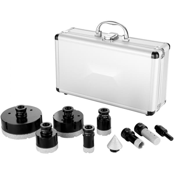 Timanttiporanteräsarja 6 kpl, 20-100 mm, reikäsahat ja sormijyrsintä, kuiva/märkä säilytyskotelossa.