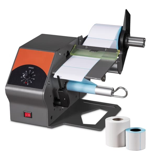 Automatisk etiketdispenser, bredde 5-115 mm, længde 5 mm til uendelig; hastighedsjusterbar applikator til klare og sorte etiketter.