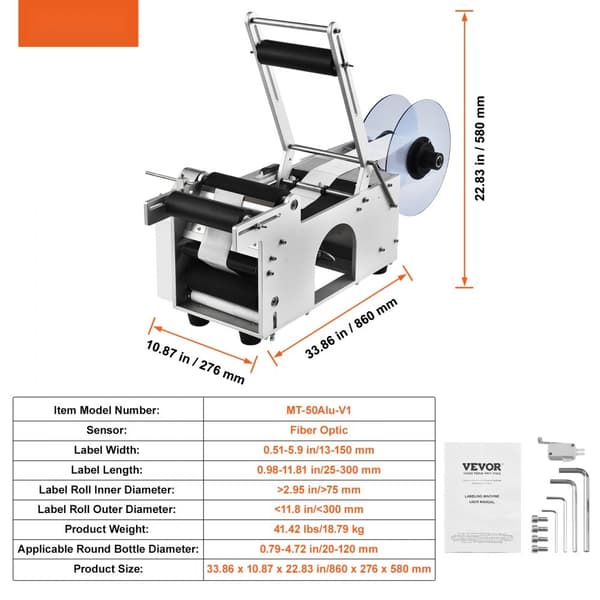 Semi-automatisk rund etiketteringsmaskine, 20-50 stk/min. Elektrisk til flasker 0,78-4,72 tommer. Effektiv label-applikator.