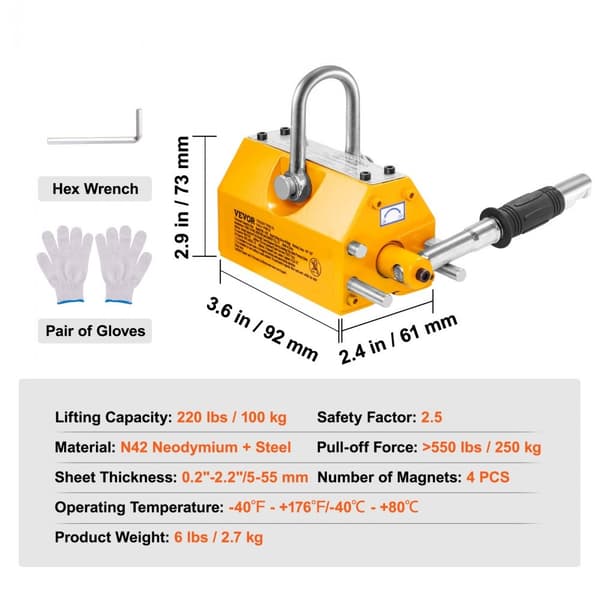 Magnetisk løfter med 220 lbs/100 kg trækkapacitet, 2,5 sikkerhedsfaktor. Neodym stål, kraftig permanent hejs magnet til butikskran og blok.