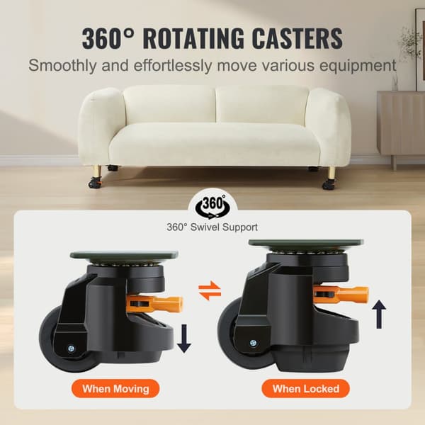 Uppställning av 4 utjämningshjul, 2200 lbs kapacitet, 2,5 tum, robust design, svängbara hjul, justerbara fötter.