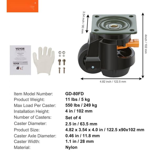 Uppställning av 4 utjämningshjul, 2200 lbs kapacitet, 2,5 tum, robust design, svängbara hjul, justerbara fötter.