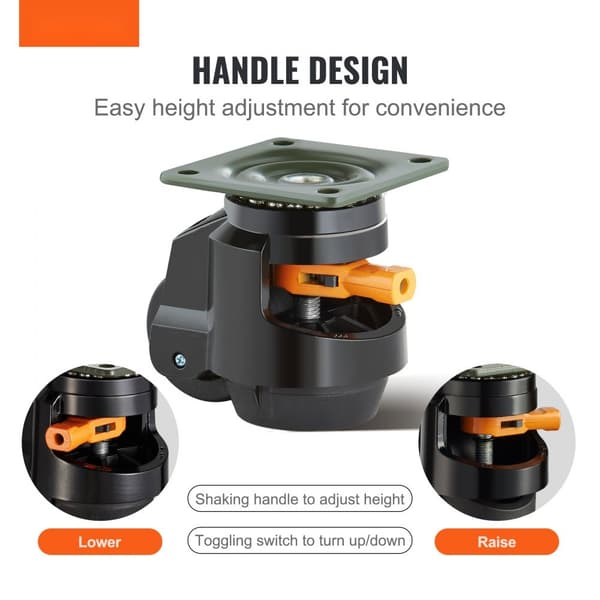 Uppställning av 4 utjämningshjul, 2200 lbs kapacitet, 2,5 tum, robust design, svängbara hjul, justerbara fötter.