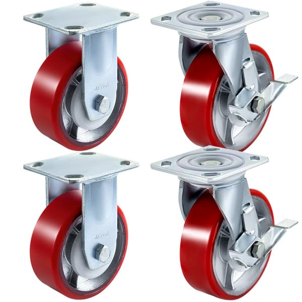 4-pack 6 x 2 tuuman pyörät: 2 jäykkää, 2 kääntyvää, sivujarru, polyuretaaniydin, 1000 LBS kapasiteetti per pyörä.