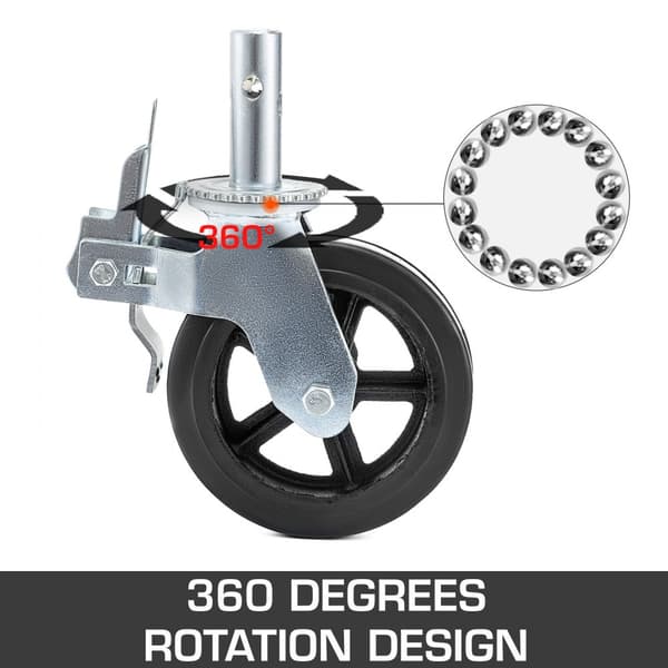 4-pak 8" x 2" robust stillads gummi drejehjul med dobbelt låsning, 1100 lbs kapacitet pr. hjul. Perfect til tung belastning.