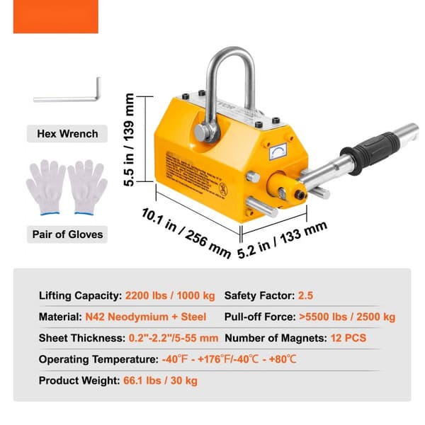 Magnetisk løfter med 2200 lbs/1000 kg kapacitet, 2,5 sikkerhedsfaktor. Neodym-stål, permanent hejsemagnet til kraner og blokke.