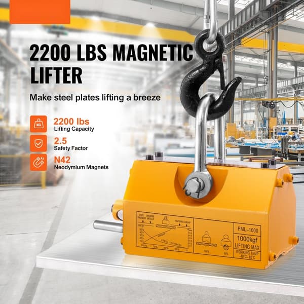 Magnetisk løfter med 2200 lbs/1000 kg kapacitet, 2,5 sikkerhedsfaktor. Neodym-stål, permanent hejsemagnet til kraner og blokke.