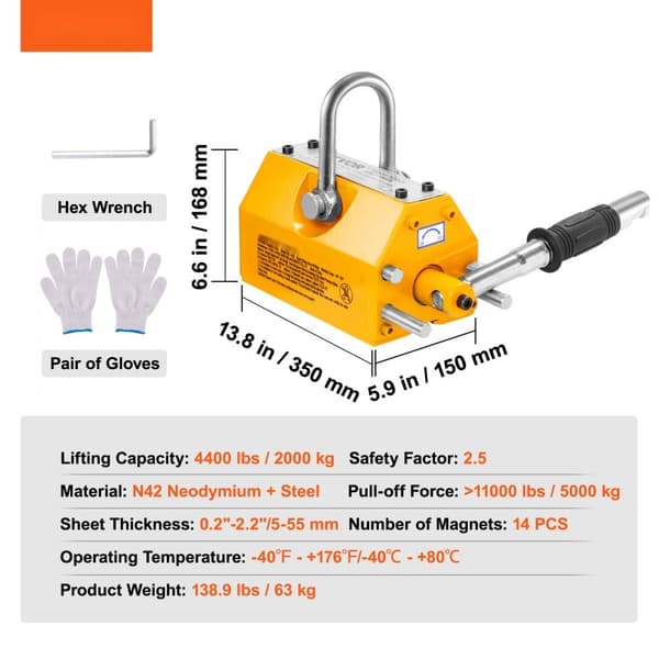 Magnetisk løfter med 4400 lbs/2000 kg kapacitet, 2,5 sikkerhedsfaktor, neodym/stål. Ideel til hejs og butikskrane.