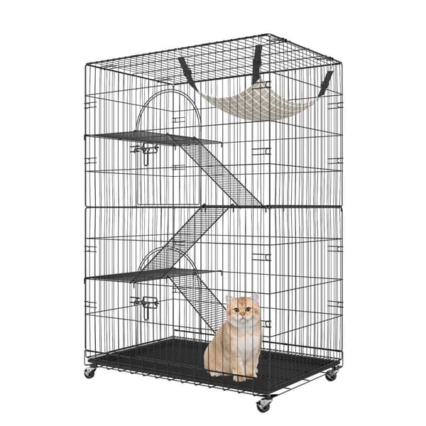 Catio, nelikerroksinen kissahäkki sisätiloihin, irrotettavalla leikkikehällä, 360° pyörivillä pyörillä ja tikkailla.