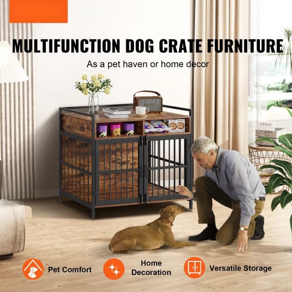 Møbelstil hundebur med opbevaring, 41” til stor race, dobbeltdøre. Rustik brun. Plads til hunde op til 70 lbs indendørs.