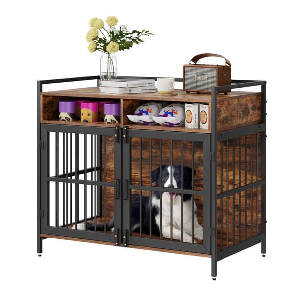 Møbelstil hundebur med opbevaring, 41” til stor race, dobbeltdøre. Rustik brun. Plads til hunde op til 70 lbs indendørs.