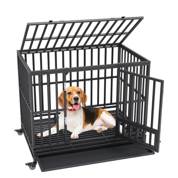 47 tommers robust hundebur, holdbart design med 3 døre, låsbare hjul og aftagelig bakke. Perfekt til mellemstore og store hunde!