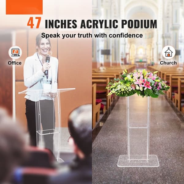 Akrylpodium 47" högt, genomskinligt med bred läsyta och hylla, golvstående predikstolar i akryl för kyrkan.