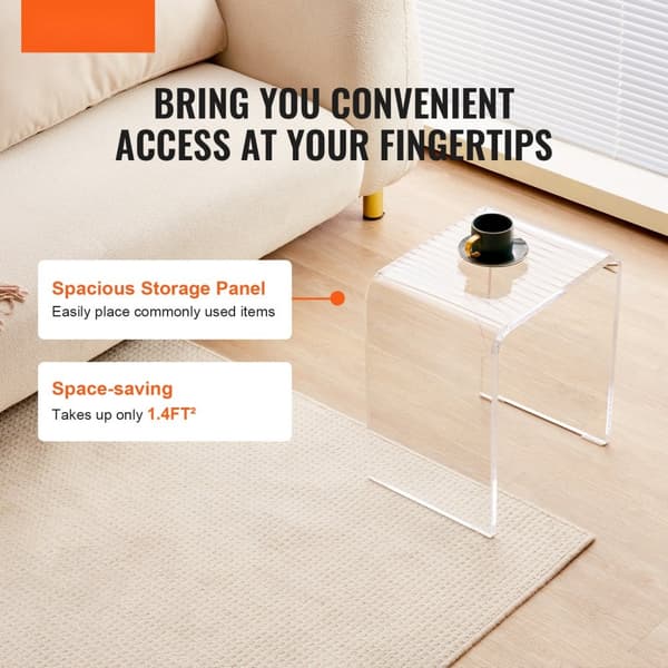 Akryl endebord i C-form, klart Lucite sidebord til drinks og snacks i stue, soveværelse og kontor. Perfekt til moderne indretning.