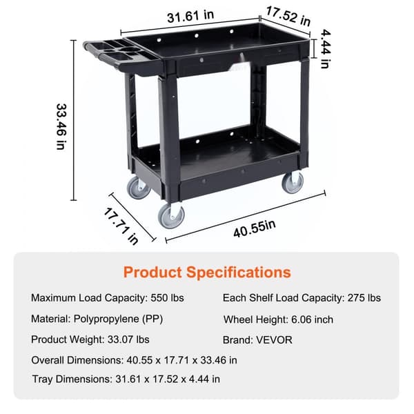 Sähkökärry, 2 hyllyä 550 LBS, kestävä muovinen, 360° pyörät, ergonominen kahva varastoon/ autotalliin/ toimistoon.