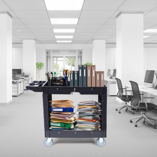 Sähkökärry, 2 hyllyä 550 LBS, kestävä muovinen, 360° pyörät, ergonominen kahva varastoon/ autotalliin/ toimistoon.
