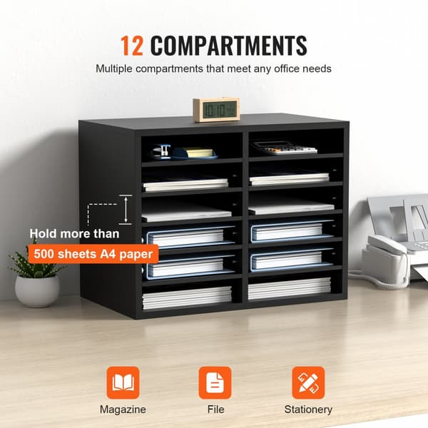 Wood Literature Organizer, 12 rum, justerbare hylder til kontor- og klasselokaler, EPA-certificeret, sort skab for bedre opbevaring.