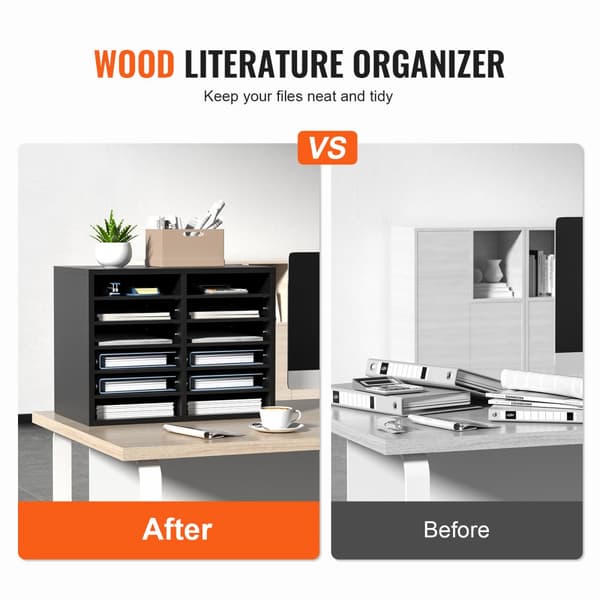 Wood Literature Organizer, 12 rum, justerbare hylder til kontor- og klasselokaler, EPA-certificeret, sort skab for bedre opbevaring.