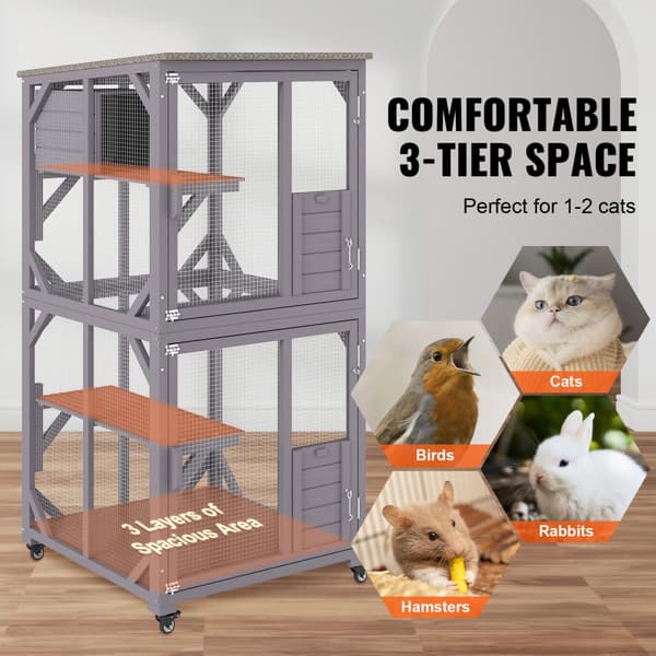 Kattstuga utomhus, 3-vånings stor Catio, 360° roterande hjul, 2 plattformar, vilolåda och stor framdörr, 29,9 x 34 x 64,1 tum