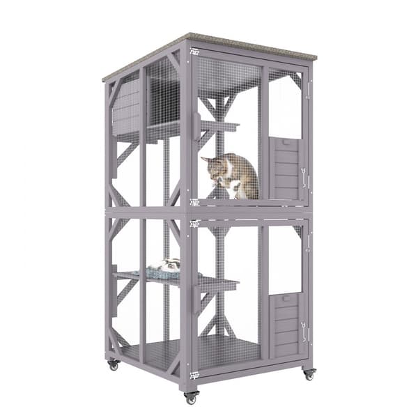 Kattstuga utomhus, 3-vånings stor Catio, 360° roterande hjul, 2 plattformar, vilolåda och stor framdörr, 29,9 x 34 x 64,1 tum