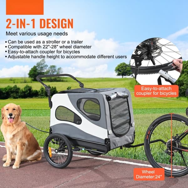 Hundcykelvagn, upp till 100 lbs, 2-i-1 husdjurvagn, hopfällbar ram, snabbkoppling, universal cykelkoppling, reflexer.