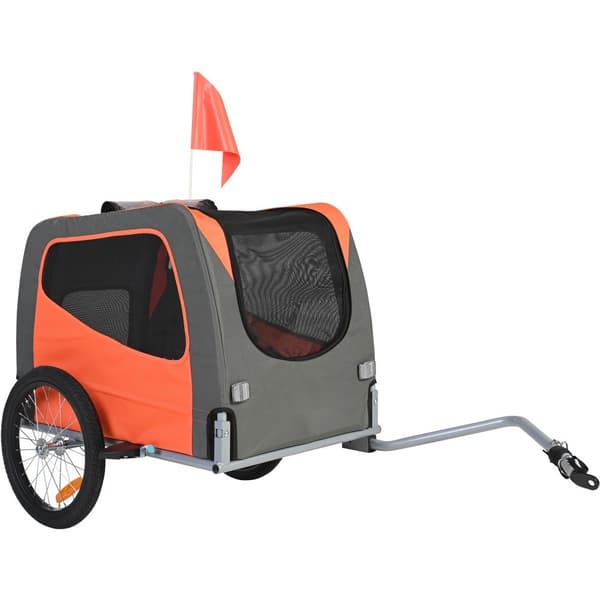 Hundecykelanhænger, understøtter op til 30 kg, nem foldbar ramme, universal cykelkobling, refleks, flag, kompakt opbevaring, orange/grå.