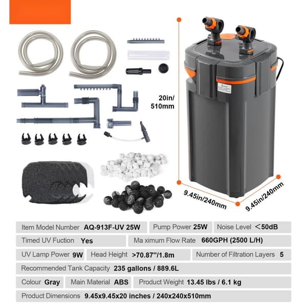 235 gallons akvarium canisterfilter med 25w UV lampe - stille fiskeakvarium.