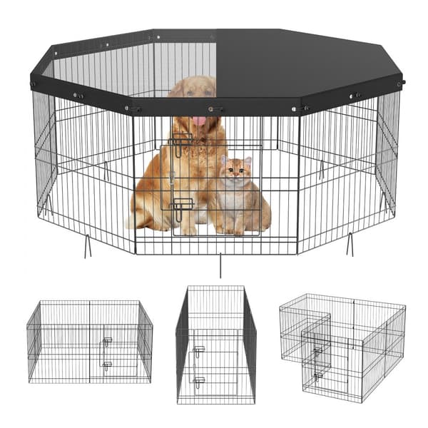 Hundekravlegård med 8 sammenfoldelige metalpaneler og dæk. 24" H hundeflække til hvalpe, indendørs/udendørs, camping og gård.