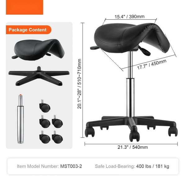 Sadelskammel med hjul, 400 LBS vægtkapacitet. Ergonomisk, justerbar sadelstol i PU-læder til salon, spa og klinik. Sort design.