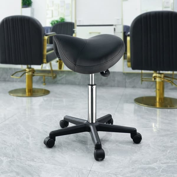 Sadelskammel med hjul, 400 LBS vægtkapacitet. Ergonomisk, justerbar sadelstol i PU-læder til salon, spa og klinik. Sort design.