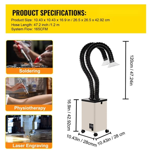 Lodde damp sugeanlæg, 150W, 106 CFM røgfilter med 3 hastigheder og slange til lodning, lasergravering og DIY-svejsning.