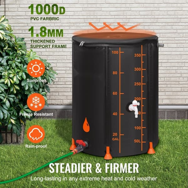 Hopfällbar regnfat, 100 gallon, PVC-system för regnvattenuppsamling, bärbar tank för trädgårdsvatten, svart.
