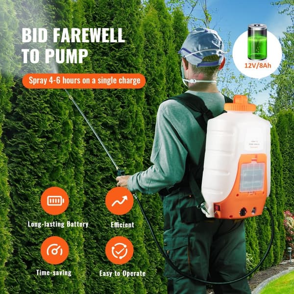 Batteridrevet rygsæksprøjte med 4 gallons tanke og justerbart tryk fra 0 til 90 PSI. Perfekt til havearbejde og sprøjtning.