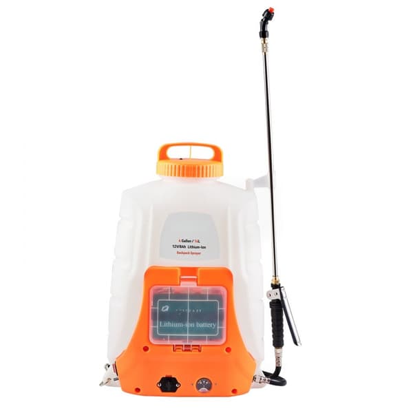Batteridrevet rygsæksprøjte med 4 gallons tanke og justerbart tryk fra 0 til 90 PSI. Perfekt til havearbejde og sprøjtning.
