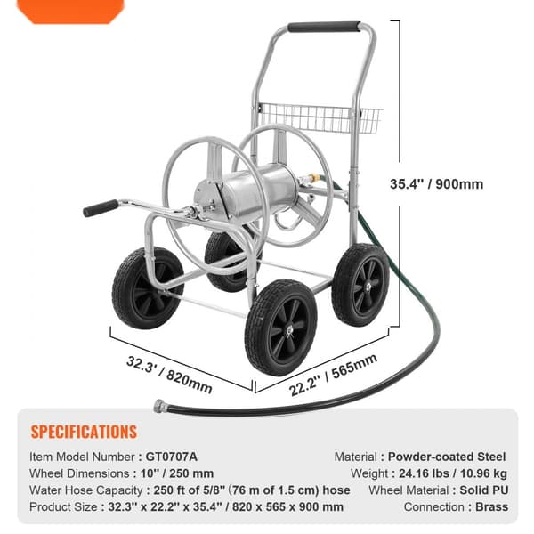 Slangerullevogn til 250 fod 5/8'' slange. Mobil med 4 hjul, holdbart pulverlakeret stål, perfekt til have og gård.