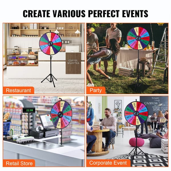 24" värillinen palkintopyörä kolmijalkaisella jalustalla, 14 aukkoa, Dry Easy Fortune Spinner -peli.