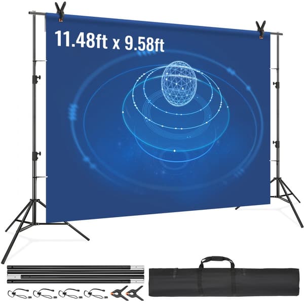 12 x 10 ft kestävä taustateline, korkeussäädettävä, 6 kiinnittimellä ja kantolaukulla juhliin ja valokuvaukseen.