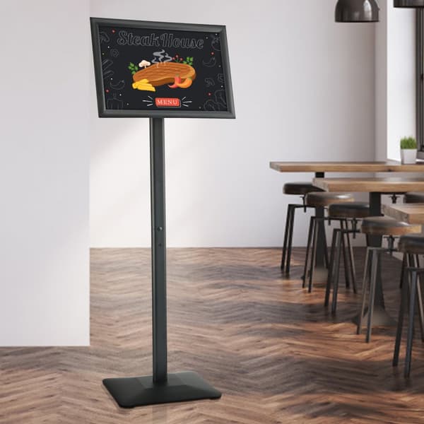 Piedestalskylthållare, 11 x 17 tum, justerbart affischställ, kraftig golvskylthållare med metallbas för reklam, svart.