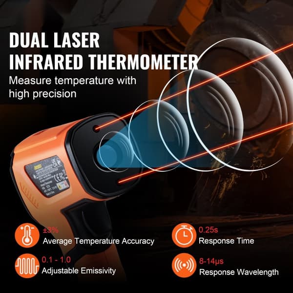 Infrarødt termometer -40~1500°C Dobbelt laser temperaturpistol, kontaktløs måling.